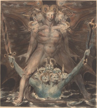 التنين الأحمر العظيم والوحش من البحر ، حوالي عام 1805 (قلم وحبر مع ألوان مائية على الورق) بواسطة وليام بليك