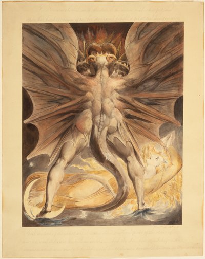 التنين الأحمر العظيم والمرأة الملبسة بالشمس (القس 12: 1-4) ، c.1803-05 (حبر أسود وألوان مائية على آثار خطوط الجرافيت والخطوط المحززة) بواسطة وليام بليك