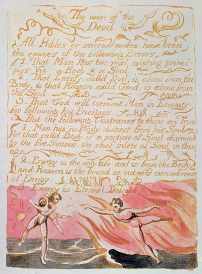 زواج السماء والجحيم ؛ صوت الشيطان ، ج .1790 (نقش بارز ملون بالألوان المائية) بواسطة وليام بليك