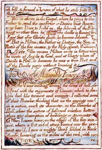 "سقط المسيح وشكل ما سرقه من سماء ..." ، نص من "زواج الجنة والجحيم" ، حوالي 1790 - 3 (نقش بارز بالقلم والألوان المائية) بواسطة وليام بليك