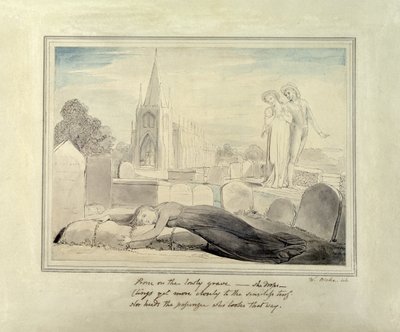 الأرملة التي تحتضن قبر زوجها (قلم وفرشاة وحبر أسود ومرحاض على ورق) بواسطة William Blake