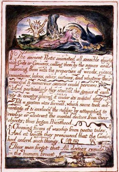 "الشعراء القدماء ..." ، رسم إيضاحي ونص من "زواج الجنة والجحيم" ، حوالي 1790-3 (نقش بارز بالقلم الجاف والألوان المائية) بواسطة وليام بليك