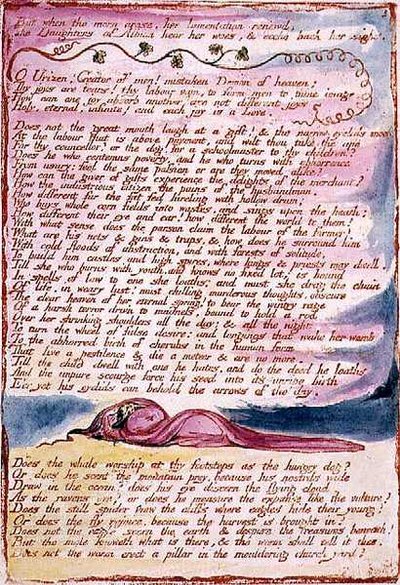 رؤى بنات ألبيون: "لكن عندما نشأ القمر ..." ، اللوحة 7 ، المصممة عام 1793 ، اكتملت حوالي عام 1815 (نقش بارز بالقلم الجاف والألوان المائية على الورق) بواسطة وليام بليك