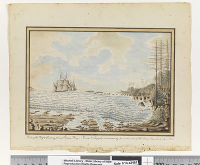مقابل. ص. 194- جزء من الشعاب المرجانية وأماكن الهبوط في خليج سيدني ؛ تسعى شركة Sirius & Supply للعمل خارج الخليج. 19 مارس 1790 '، 1802 (ألوان مائية) بواسطة وليام برادلي