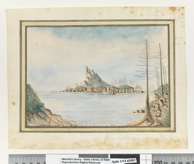 مقابل. ص. 211. جزر فيليب ونيبيان. جستنيان آند سربرايز يقفان في خليج سيدني. 23 أغسطس 1790 '، 1802 (ألوان مائية) بواسطة وليام برادلي