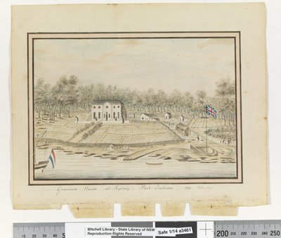 مقابل. ص. 225. "منزل الحاكم في سيدني ، بورت جاكسون 1791" ، 1802 (ألوان مائية) بواسطة وليام برادلي