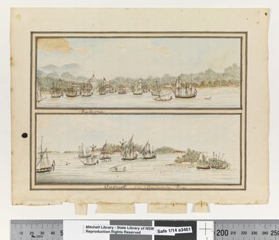 مقابل. ص. 292- "باتافيا" و "أونروست في خليج باتافيا" ، حوالي عام 1802 (ألوان مائية) بواسطة وليام برادلي