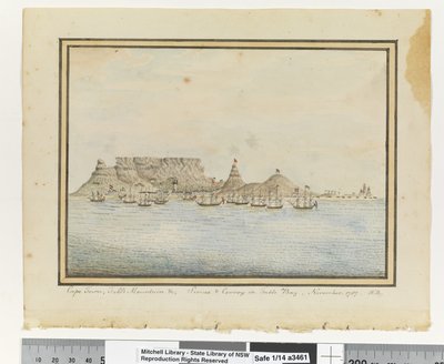 مقابل. ص. 46. كيب تاون ، تيبل ماونتن & c ؛ Sirius & Convoy in Table Bay ، نوفمبر. 1787 '، 1802 (ألوان مائية) بواسطة وليام برادلي