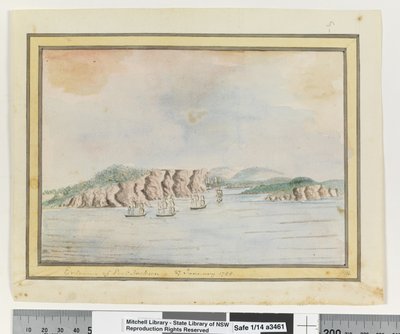 مقابل. ص. 65. "مدخل بورت جاكسون 27 يناير 1788" ، 1802 (ألوان مائية) بواسطة وليام برادلي