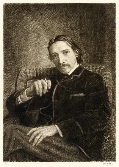 روبرت لويس ستيفنسون (1850-1894) مؤلف بريطاني اشتهر بكتابه الأكثر مبيعًا جزيرة الكنز ، المختطف والقضية الغريبة للدكتور جيكل والسيد هايد. رسم ويليام براسي هول (1 بواسطة ويليام براسي هول