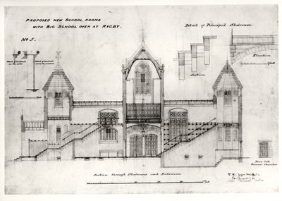 تفاصيل المداخل والسلالم ومدخل غرفة الفرن ودرابزين (مدرسة Big New) ، مدرسة الرجبي ، 1844 (حبر أسود ، قلم رصاص ومرحاض) بواسطة وليام باترفيلد