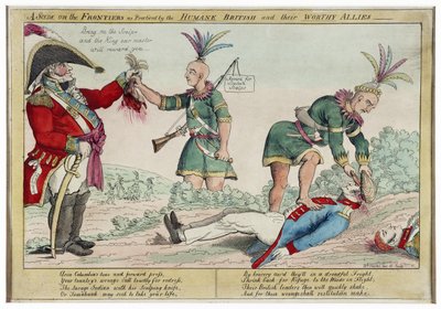 مشهد على الحدود كما يمارسه البريطانيون الإنسانيون وحلفاؤهم الجديرون ، الحانة. 1812 (نقش يدوي) بواسطة وليام تشارلز
