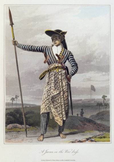 جافان في ثوب الحرب ، رر. 5 من المجلد الأول من "تاريخ جافا" بقلم توماس ستامفورد رافلز (1781-1826) حانة. 1817 (أكواتينت ملون) بواسطة وليام دانييل