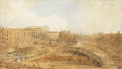 أمير ويلز يضع حجر الأساس للمسرح الملكي ، كوفنت غاردن ، ٣١ ديسمبر ١٨٠٨ (قلم رصاص وقلم وحبر بني وألوان مائية مزينة بلمسات من لون الجسم مع خدش) بواسطة وليام دانييل