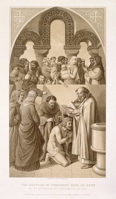 معمودية الملك إيثيلبرت (c.552-616) من كينت بواسطة القديس أوغسطينوس في كانتربري في عام 597 ، من "الرسوم التوضيحية الإنجليزية والتاريخ الاسكتلندي" المجلد الأول بواسطة وليام دايس