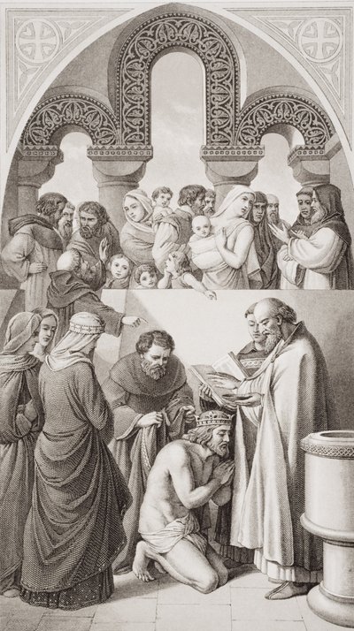 معمودية الملك إيثيلبرت (c.552-616) من كينت للقديس أوغسطينوس في كانتربري في عام 597 ، من "الرسوم التوضيحية الإنجليزية والتاريخ الاسكتلندي" المجلد الأول بواسطة وليام دايس
