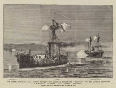 حرب أمريكا الجنوبية ، العمل بين سفينة البرج البرجية Huascar و Chilian Ironclads Almirante Cochrane و Blanco Encalada بواسطة وليام إدوارد أتكينز