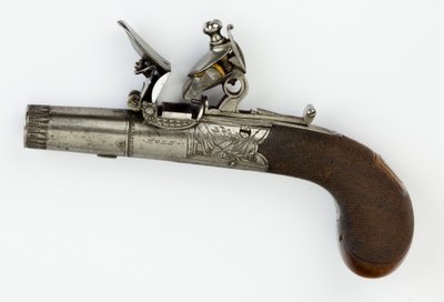 مسدس جيب فلينتلوك بقفل صندوق ، c.1820 (فولاذ ، فضي وخشب الجوز) بواسطة وليام هيل