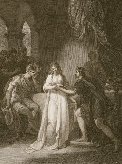 Vortigern و Rovena ، نقشت بواسطة Delatre ، رسم توضيحي من حانة ديفيد هيوم "تاريخ إنجلترا" ، الحانة. بقلم ر. بوير ، لندن ، 1812 بواسطة وليام هاملتون