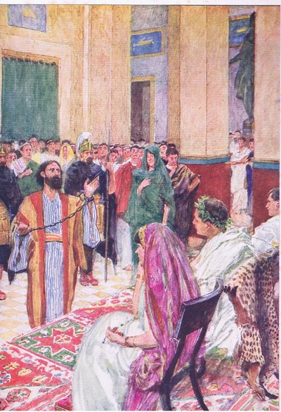 Paul before Agrippa, from The Bible Story published by Hodder & Stoughton, c.1930 (colour litho) بواسطة وليام هاثريل