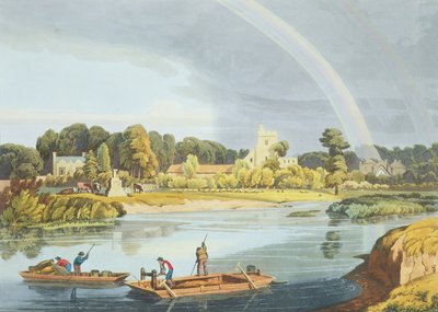 كنيسة ستينز مع سيتي ستون على ضفاف النهر ، نقشها روبرت هافيل الأصغر (1793-1878) نشرت عام 1818 (أكواتنت) بواسطة وليام هافل