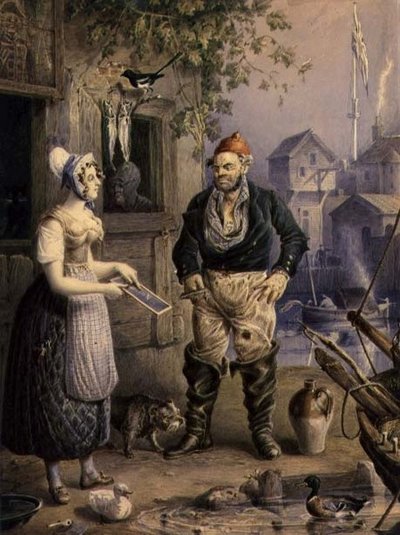 صياد وخادمة ، حوالي عام 1830 (ألوان مائية فوق قلم رصاص مزينة بالغواش على ورق) بواسطة وليام هيث
