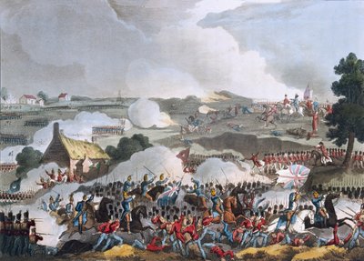 مركز الجيش البريطاني في المعركة في معركة واترلو ، 18 يونيو 1815 ، أكواتينت بواسطة ساذرلاند ، 1815 (أكواينت الملونة) بواسطة William Heath