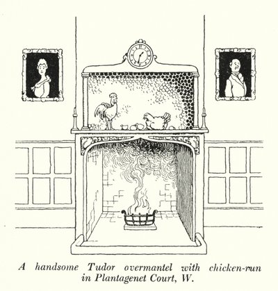 A وسيم تيودور overmantel مع دجاجة الجري في بلانتاجنيت كورت ، دبليو (ليثو) بواسطة وليام هيث روبنسون