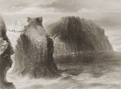Carrick-a-Rede Rope Bridge ، مقاطعة أنتريم ، أيرلندا الشمالية ، من "مشهد وآثار أيرلندا" لجورج فيرت ، 1860 بواسطة وليام هنري بارتليت