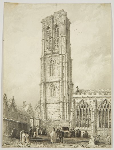 Exterior of Temple Church, showing an internment, c.1825 (pencil & watercolor on paper) بواسطة وليام هنري بارتليت