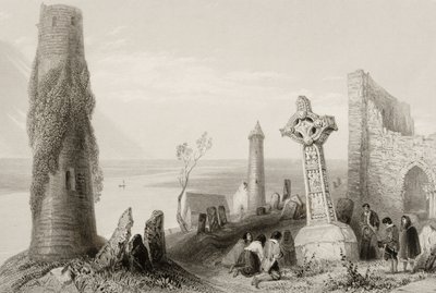 الصليب القديم وبرج مستدير في Clonmacnois ، مقاطعة أوفالي ، أيرلندا ، من "مشهد وآثار أيرلندا" (انظر 131074) بواسطة وليام هنري بارتليت