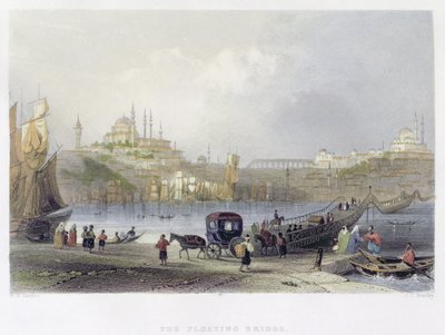 الجسر العائم ، اسطنبول ، محفور من قبل جي سي بنتلي ، c.1850 (أكواتينت) بواسطة وليام هنري بارتليت
