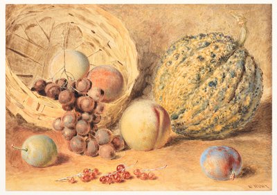 سلة بالبطيخ والخوخ والعنب والخوخ، حوالي 1804 (جرافيت، ألوان مائية مع بعض الصمغ العربي المضاف، لون الجسم والخدش على الورق المنسوج) بواسطة وليام هنري هنت