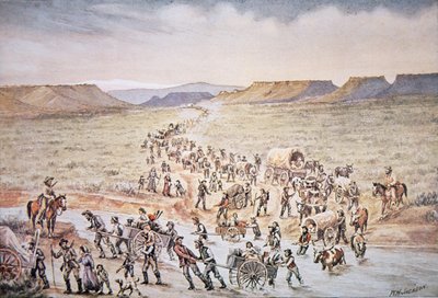 رواد سيارات المورمون يتجهون غربًا إلى ولاية يوتا في عام 1850 (لون ليثو) بواسطة وليام هنري جاكسون