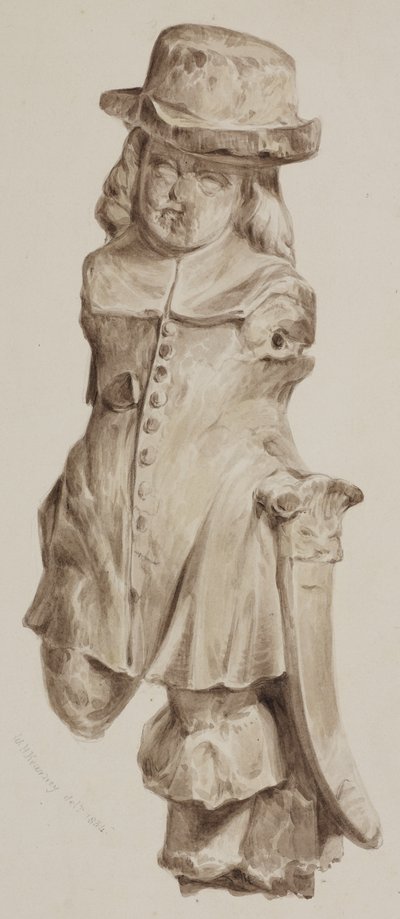 شكل منحوت من خشب البلوط ، في وقت واحد عند مدخل المنزل المبني على موقع حانة Boars Head ، Eastcheap ، 1834 (يغسل على ورق) بواسطة وليام هنري كيرني