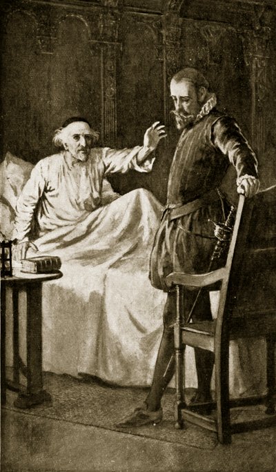 نوكس على فراش موته ، نوفمبر 1572 ، توضيح من "قصة هتشنسون عن الأمة البريطانية" ، ج .1923 بواسطة وليام هنري مارجيسون