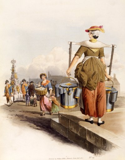 عاملة اللبن ، من أزياء بريطانيا العظمى ، حانة. بقلم هنري ميللر ، 1805 (طباعة ملونة) بواسطة وليام هنري باين