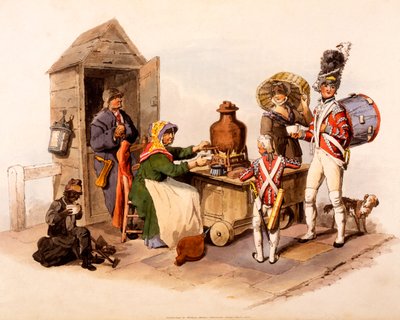 بائع Sallop يقدم مشروبات ساخنة ساخنة ، من "أزياء بريطانيا العظمى" ، 1808 بواسطة وليام هنري باين