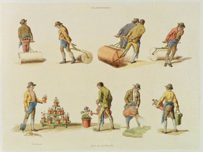 البستانيون ، المجلد 2 ، اللوحة 97 ، من "العالم المصغر" ، طبعها ج. هيل ، 1808 (ألوان مائية يدوية) بواسطة وليام هنري باين