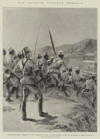 التقدم نحو دنقلا ، الضابط البريطاني في قيادة كتيبة الزنوج في الفوج الحادي عشر السوداني يراقب رجاله وهم يبحرون في شلال ، في 18 مارس (ليتو) بواسطة وليام هيشام (بعد) أوفر