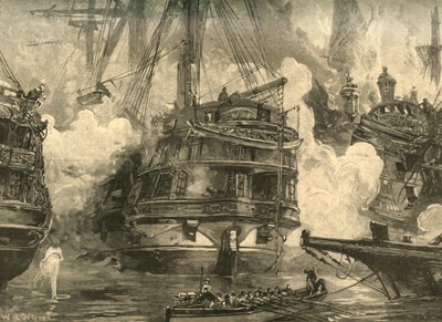 معركة نافارينو: HMS Asia تشتبك مع سفن Capitan Bey و Moharram Bey ، 1827 c1890. بواسطة وليام هيشام أوفرند