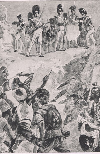 أطلق متابعو كارمايكل كرة طائرة على مجموعة كثيفة من الرجال: معركة بهاراتبور 1826 ، رسم توضيحي من المعارك البريطانية في البر والبحر ، 1915 بواسطة وليام هيشام أوفرند