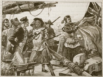 الضباط الصينيون ينقلون العلم البريطاني على "السهم" ، 8 أكتوبر 1856 ، رسم توضيحي من "تاريخ إنجلترا المصور لكاسل" (صورة بني داكن) بواسطة وليام هيشام أوفرند