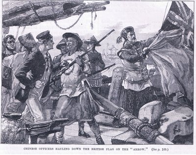الضباط الصينيون ينقلون العلم البريطاني على "السهم" 1856 م بواسطة وليام هيشام أوفرند