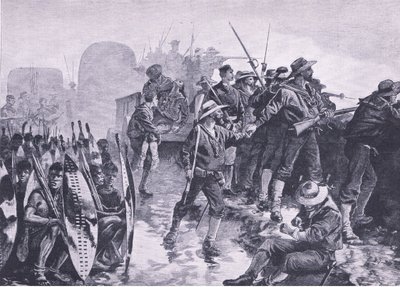 الدفاع عن الغسالة ضد هجوم الزولو ، رسم توضيحي من المعارك البريطانية في البر والبحر ، 1915 بواسطة William Heysham Overend
