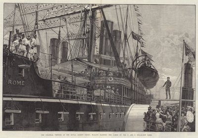 الزوار الاستعماريون في رويال ألبرت دوكس ، الملايو الذين يديرون ساحات السفينة P و O Steam-Ship Rome بواسطة وليام هيشام أوفرند