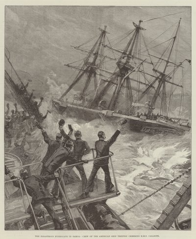 الإعصار الكارثي في ساموا ، طاقم السفينة الأمريكية ترينتون يشجع HMS Calliope بواسطة وليام هيشام أوفرند