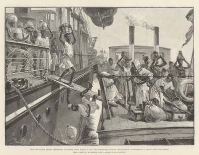 رحلة إيمين باشا للإغاثة في نقطة الموز ، 18 مارس 1887 ، السفينة البخارية مادورا تنقل الركاب إلى قارب بخاري على نهر الكونغو بواسطة وليام هيشام أوفرند