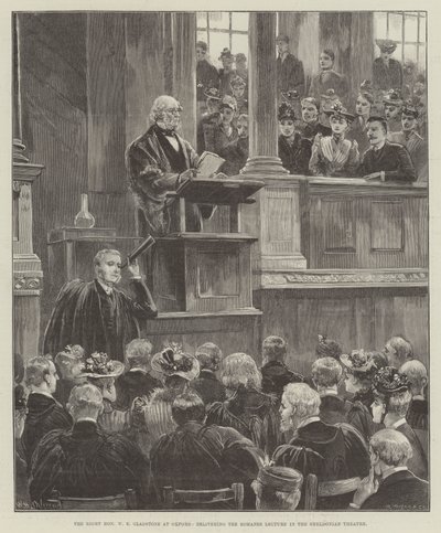 الشرف الصحيح WE Gladstone في أكسفورد ، يلقي محاضرة الرومان في مسرح Sheldonian بواسطة وليام هيشام أوفرند