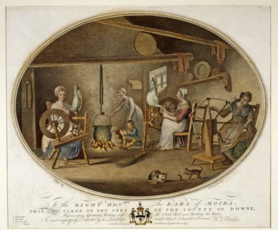 الغزل ، واللف مع بكرة الساعة ، وغلي الغزل ، اللوحة السادسة من مصنع الكتان في أيرلندا ، 1791 بواسطة وليام هينكس